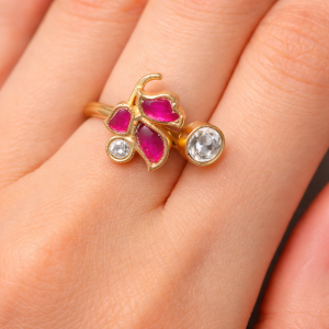 Whimsical Ruby & Crystal Butterfly Ring