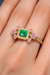 Elegant Emerald Green & Pink Floral Statement Ring