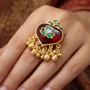 Royal Marron Heart Statement Ring with Lotus Inlay and Ghungroo Charms
