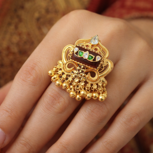 Royal Antique Gold Kundan Statement Ring with Green Stone & Ghungroo Drops