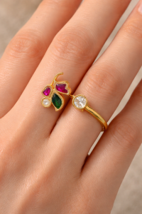 Whimsical Emerald & Ruby & Crystal Butterfly Ring