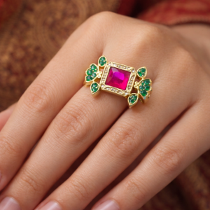 Elegant Emerald Pink & Green Floral Statement Ring