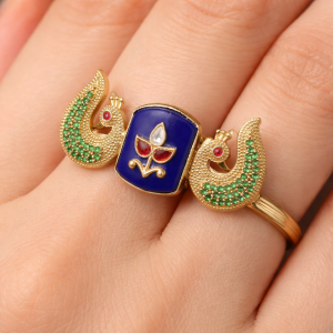 Regal Twin Peacock Statement Ring with Lapis Blue Center & Meenakari Detail
