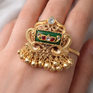 Royal Kundan Green & Ruby Statement Ring with Ghungroo Drops