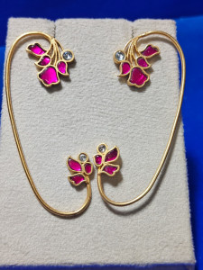 Magenta Leaf Enamel Designer Loop Earrings