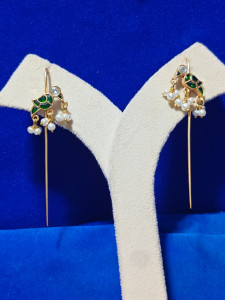 Emerald Leaf Pearl Drop Gold Long Earrings
