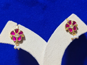 Ruby Floral Gold Drop Earrings with Pearl Dangles