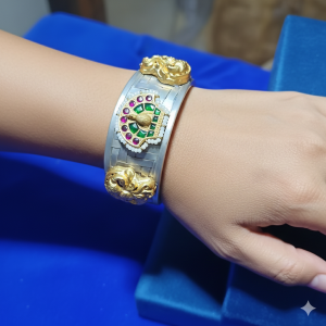 Dual-Tone Peacock Design Kada Bracelet with Kundan Stones