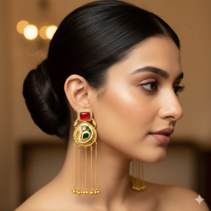 Royal Blush Stone & Red Kundan Long Chain Earrings