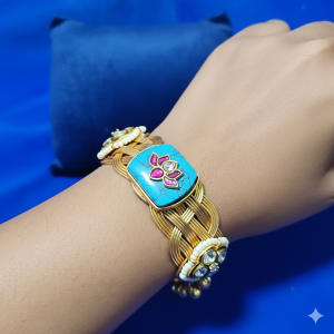 Turquoise Kundan Bracelet with Floral Motif & Ghungroo Charm