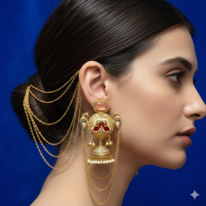 Royal Peacock Kundan Jhumka Earrings with Pearl Drops & Chain Detail
