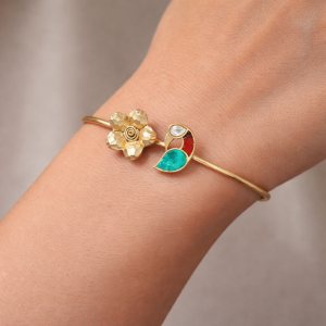 Antique Floral & Multicolor Stone Open Cuff Bracelet