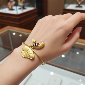Multicolor Bird on Leaf Designer Open Cuff Bracelet