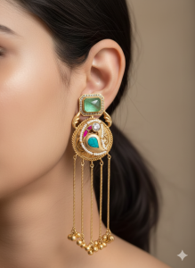 Emerald Peacock Kundan Long Chain Tassel Earrings