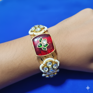 Traditional Woven Lotus Bracelet with Red Enamel & Green Stones