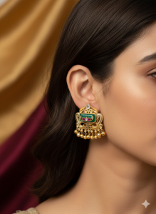 Royal Green Kundan Antique Gold Jhumka Earrings