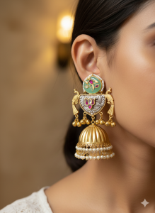 Royal Peacock Mint Enamel Jhumka Earrings