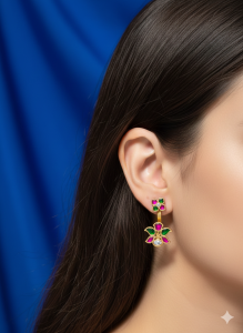 Dual Floral Kundan Pink Green Drop Earrings