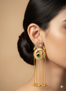 Rose Quartz Kundan Peacock Long Chain Drop Earrings
