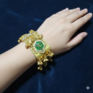 Antique Hexagon Green Stone Ghungroo Cuff Bracelet