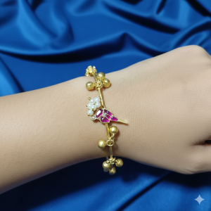 Ruby Bird Charm Bracelet with Pearl Flower & Ghungroo Bells