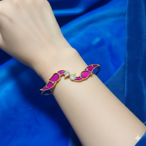 Elegant Pink Stone Leaf Design Open Cuff Bracelet for Women
