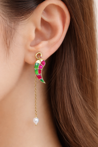 Dual Tone Paisley Enamel Pearl Chain Drop Earrings