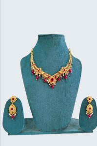 Ruby Red Stone Gold-Tone Traditional Necklace Set with Earrings