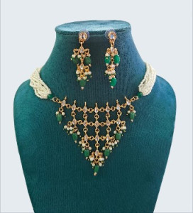 Emerald Green Beaded Gold-Tone Statement Necklace Set with Earrings
