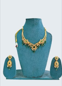Emerald Drop Gold-Tone Traditional Necklace Set with Earrings