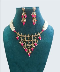 Rani Pink Beaded Gold-Tone Statement Necklace Set with Earrings