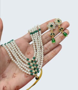 Royal Pearl & Emerald Green Multi-Layer Necklace Set with Earrings