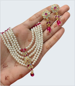Classic Pearl & Ruby Pink Multi-Layer Necklace Set with Earrings