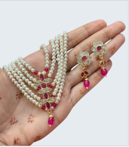 Elegant Pearl & Ruby Pink Floral Necklace Set with Earrings