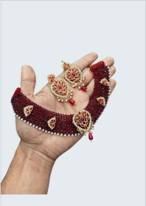 Royal Maroon Beaded Choker Necklace Set with Earrings