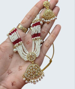 Traditional Red & White Beaded Jhumka Necklace Set with Earrings