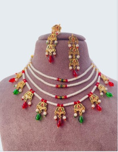 Traditional Multicolor Beaded Gold-Plated Necklace Set