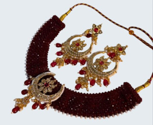 Royal Maroon Beaded Crescent Gold-Plated Necklace Set