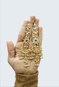 Emerald Kundan Pearl Long Chandbali Jhumka Earrings