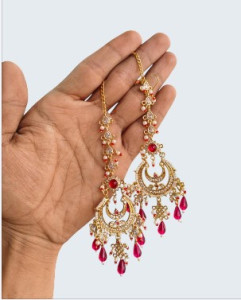 Ruby Pink Kundan Crescent Chandbali Earrings with Teardrop Beads