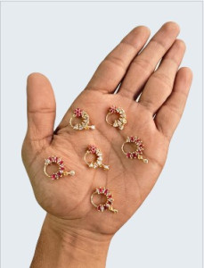 Gold-Plated Floral Nose Ring with Red & White Stone Studded Design