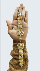 Traditional Gold-Plated Saree Pallu Brooch Chain with Red & White Stones