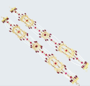 Gold-Plated Traditional Saree Brooch Chain with Red Stones & Pearl Beads