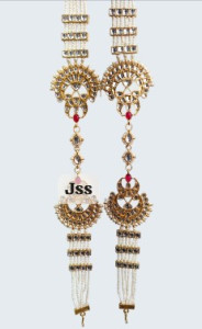Gold-Plated Traditional Saree Safety Pin Brooch with Pearl Tassels & Red Stones