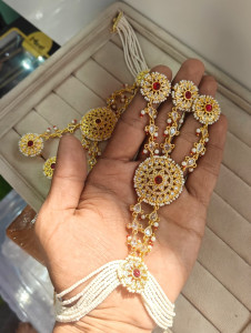 Traditional Gold-Plated Bridal Hathphool with Red Stone & Pearl Chains
