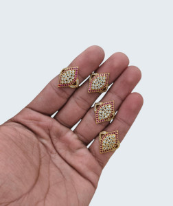 Traditional Gold-Tone Ruby and White Stone Stud Earrings (Leaf Motif)