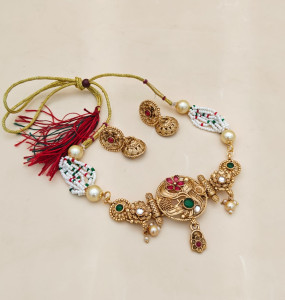 Traditional Gold-Plated Meenakari Choker Set with Pearl Accents and Matching Jhumkas