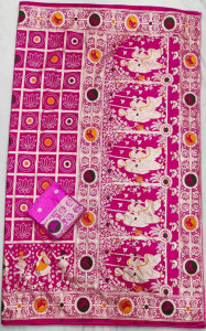 Traditional Figurative Print Saree with Ethnic Border & Blouse Piece