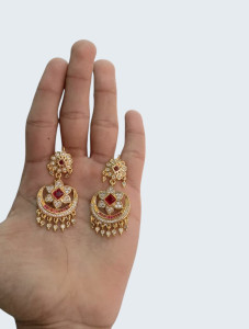 Modern Floral Chandbali Earrings with Square-Cut Rubies & Polki Accents