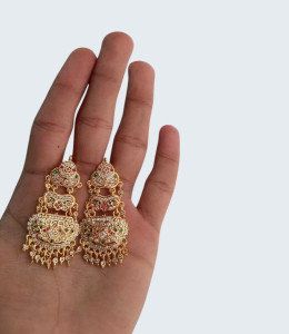 Royal Tiered Antique Gold-Plated Chandelier Earrings with Multi-Color Stone Accents